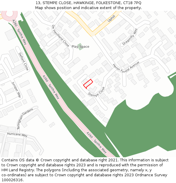 13, STEMPE CLOSE, HAWKINGE, FOLKESTONE, CT18 7PQ: Location map and indicative extent of plot