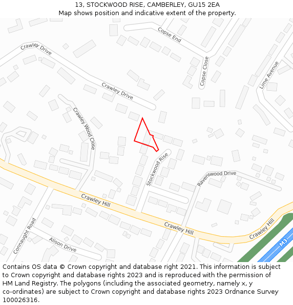 13, STOCKWOOD RISE, CAMBERLEY, GU15 2EA: Location map and indicative extent of plot