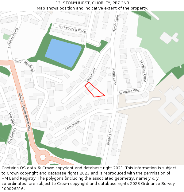 13, STONYHURST, CHORLEY, PR7 3NR: Location map and indicative extent of plot