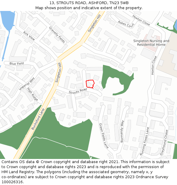 13, STROUTS ROAD, ASHFORD, TN23 5WB: Location map and indicative extent of plot