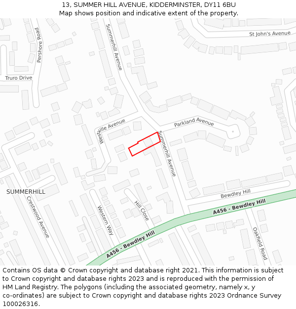 13, SUMMER HILL AVENUE, KIDDERMINSTER, DY11 6BU: Location map and indicative extent of plot