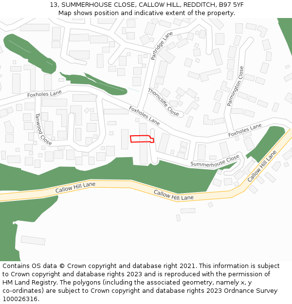 13, SUMMERHOUSE CLOSE, CALLOW HILL, REDDITCH, B97 5YF: Location map and indicative extent of plot