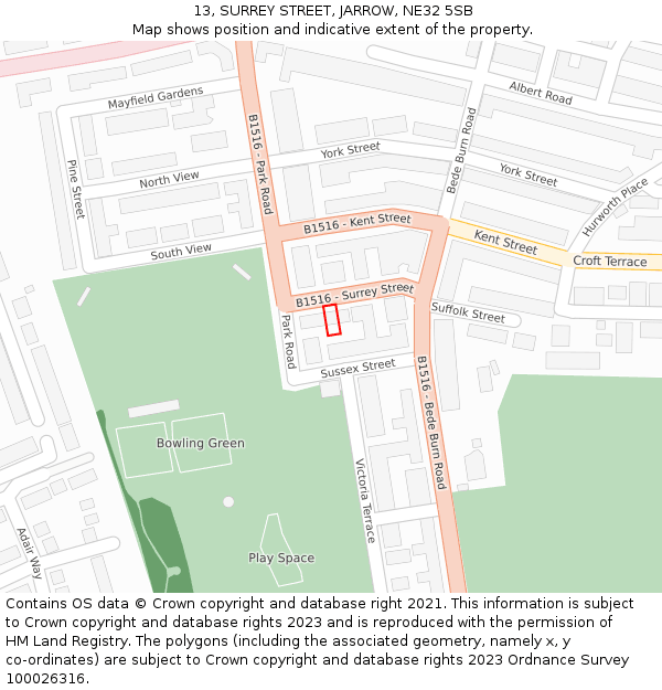 13, SURREY STREET, JARROW, NE32 5SB: Location map and indicative extent of plot