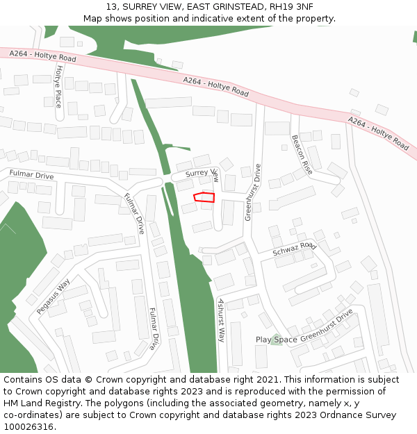 13, SURREY VIEW, EAST GRINSTEAD, RH19 3NF: Location map and indicative extent of plot