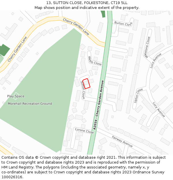 13, SUTTON CLOSE, FOLKESTONE, CT19 5LL: Location map and indicative extent of plot