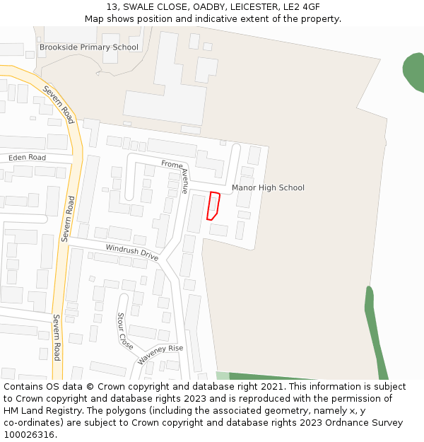 13, SWALE CLOSE, OADBY, LEICESTER, LE2 4GF: Location map and indicative extent of plot