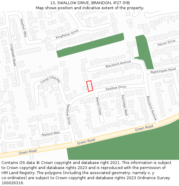 13, SWALLOW DRIVE, BRANDON, IP27 0YB: Location map and indicative extent of plot