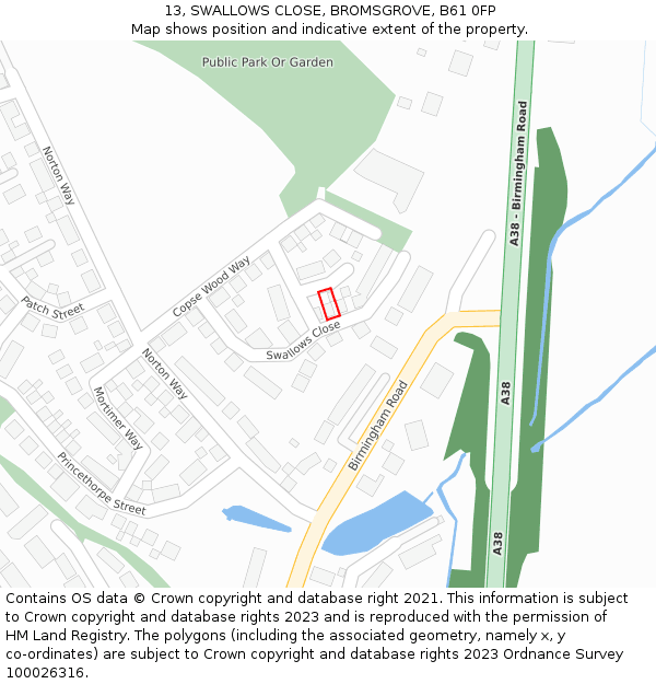 13, SWALLOWS CLOSE, BROMSGROVE, B61 0FP: Location map and indicative extent of plot