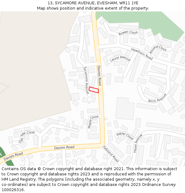 13, SYCAMORE AVENUE, EVESHAM, WR11 1YE: Location map and indicative extent of plot