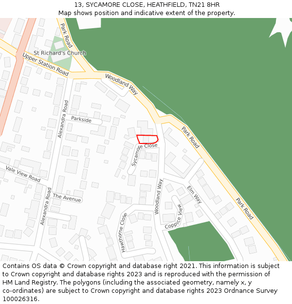 13, SYCAMORE CLOSE, HEATHFIELD, TN21 8HR: Location map and indicative extent of plot