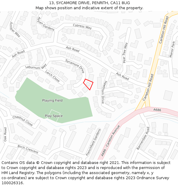 13, SYCAMORE DRIVE, PENRITH, CA11 8UG: Location map and indicative extent of plot