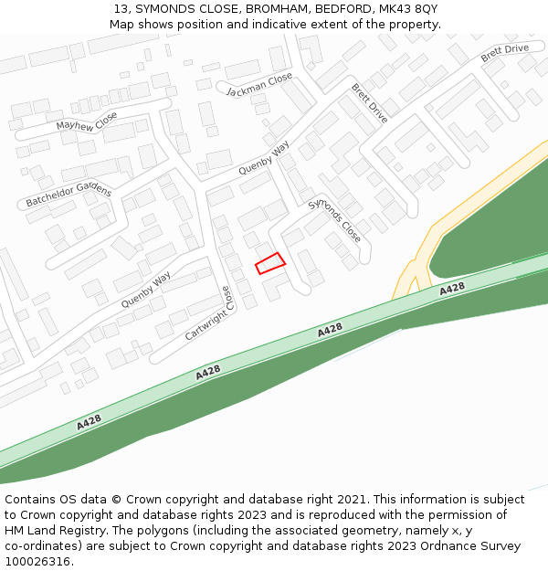 13, SYMONDS CLOSE, BROMHAM, BEDFORD, MK43 8QY: Location map and indicative extent of plot