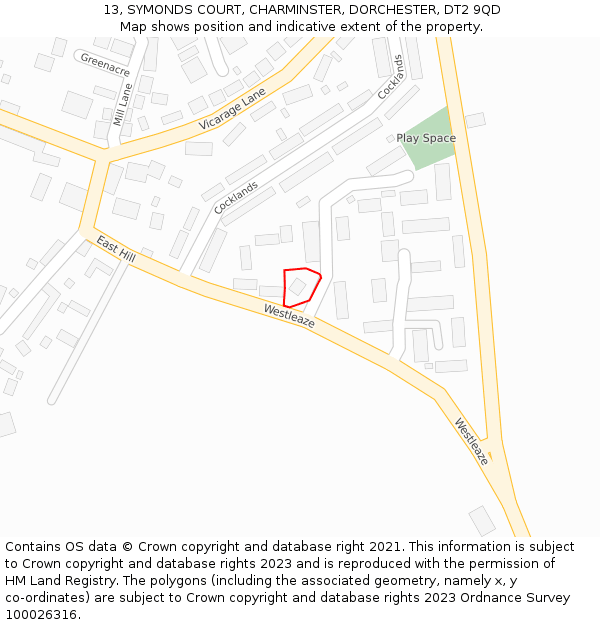 13, SYMONDS COURT, CHARMINSTER, DORCHESTER, DT2 9QD: Location map and indicative extent of plot