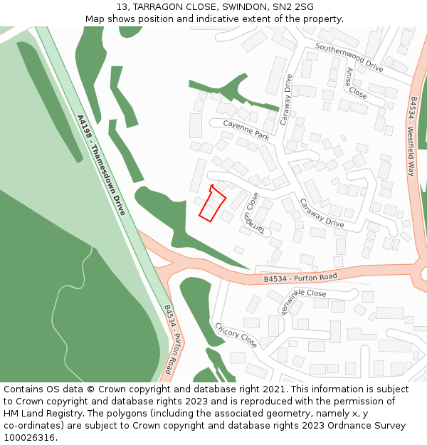 13, TARRAGON CLOSE, SWINDON, SN2 2SG: Location map and indicative extent of plot