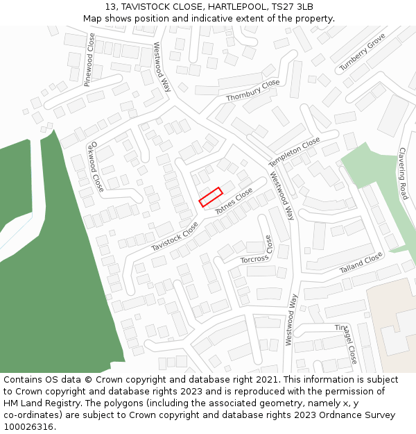 13, TAVISTOCK CLOSE, HARTLEPOOL, TS27 3LB: Location map and indicative extent of plot