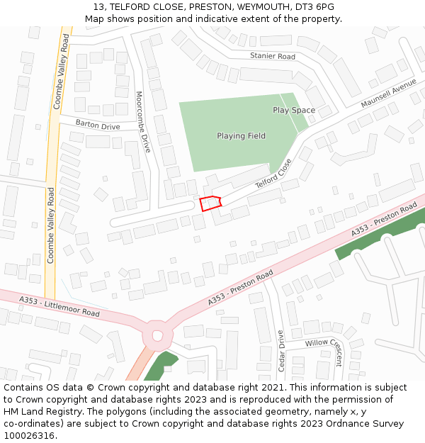 13, TELFORD CLOSE, PRESTON, WEYMOUTH, DT3 6PG: Location map and indicative extent of plot