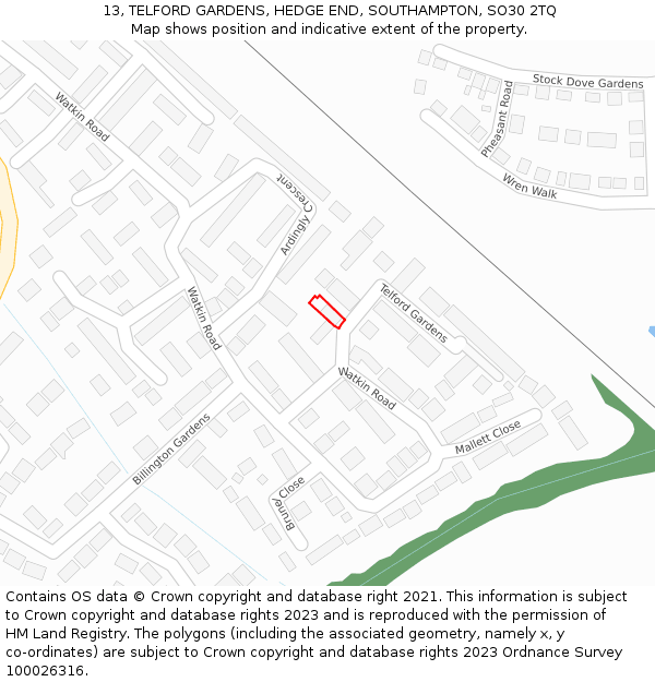 13, TELFORD GARDENS, HEDGE END, SOUTHAMPTON, SO30 2TQ: Location map and indicative extent of plot