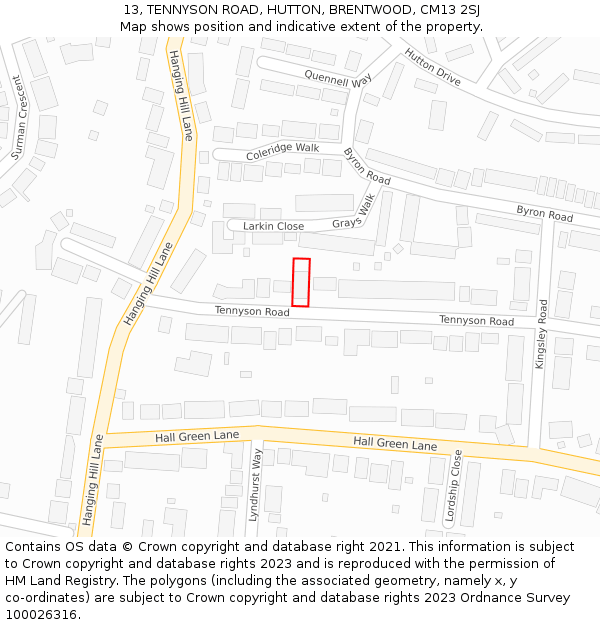 13, TENNYSON ROAD, HUTTON, BRENTWOOD, CM13 2SJ: Location map and indicative extent of plot
