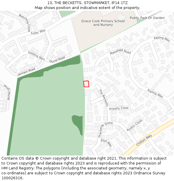13, THE BECKETTS, STOWMARKET, IP14 1TZ: Location map and indicative extent of plot