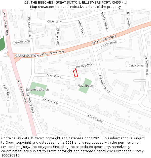 13, THE BEECHES, GREAT SUTTON, ELLESMERE PORT, CH66 4UJ: Location map and indicative extent of plot