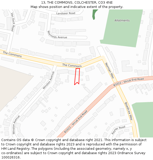 13, THE COMMONS, COLCHESTER, CO3 4NE: Location map and indicative extent of plot