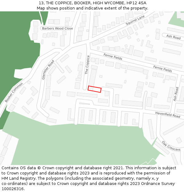 13, THE COPPICE, BOOKER, HIGH WYCOMBE, HP12 4SA: Location map and indicative extent of plot