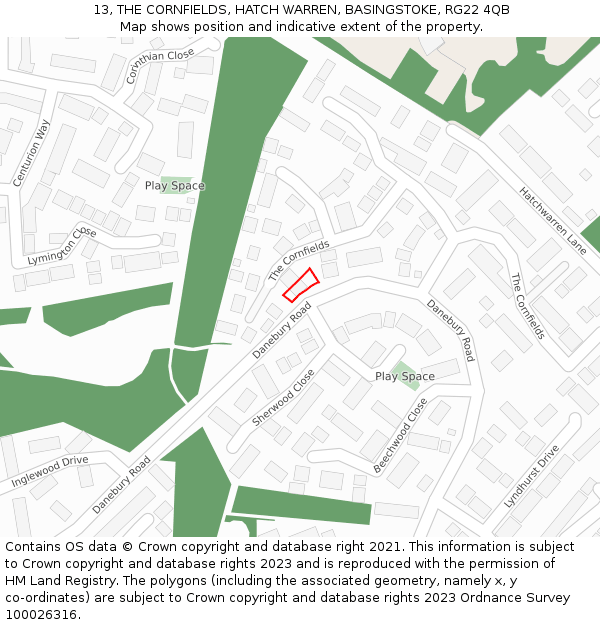 13, THE CORNFIELDS, HATCH WARREN, BASINGSTOKE, RG22 4QB: Location map and indicative extent of plot