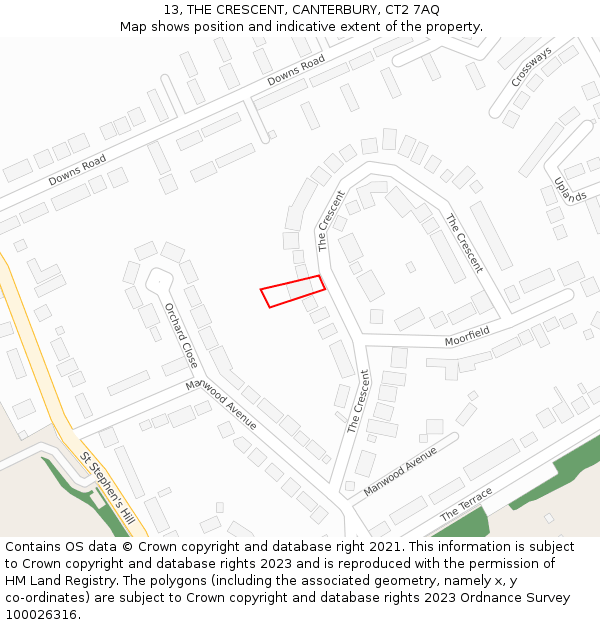 13, THE CRESCENT, CANTERBURY, CT2 7AQ: Location map and indicative extent of plot