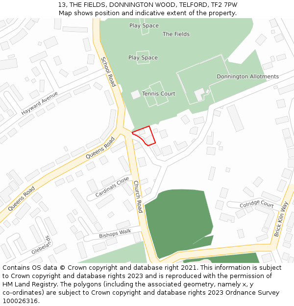 13, THE FIELDS, DONNINGTON WOOD, TELFORD, TF2 7PW: Location map and indicative extent of plot