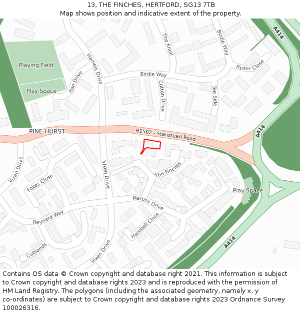 13, THE FINCHES, HERTFORD, SG13 7TB: Location map and indicative extent of plot