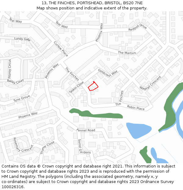 13, THE FINCHES, PORTISHEAD, BRISTOL, BS20 7NE: Location map and indicative extent of plot