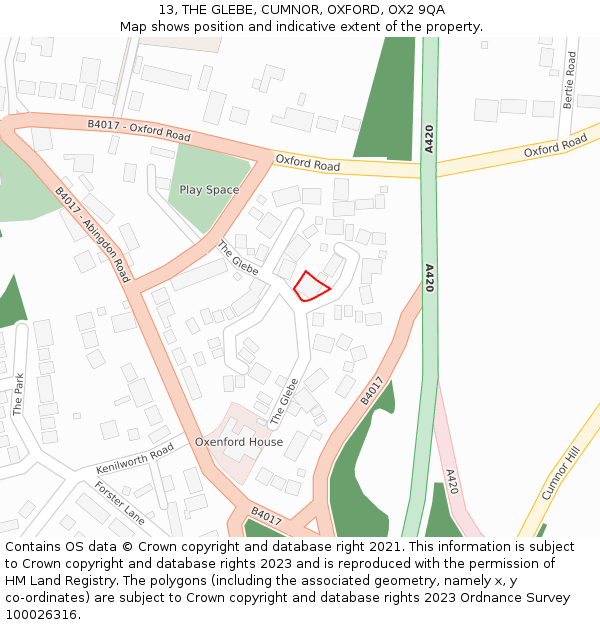 13, THE GLEBE, CUMNOR, OXFORD, OX2 9QA: Location map and indicative extent of plot