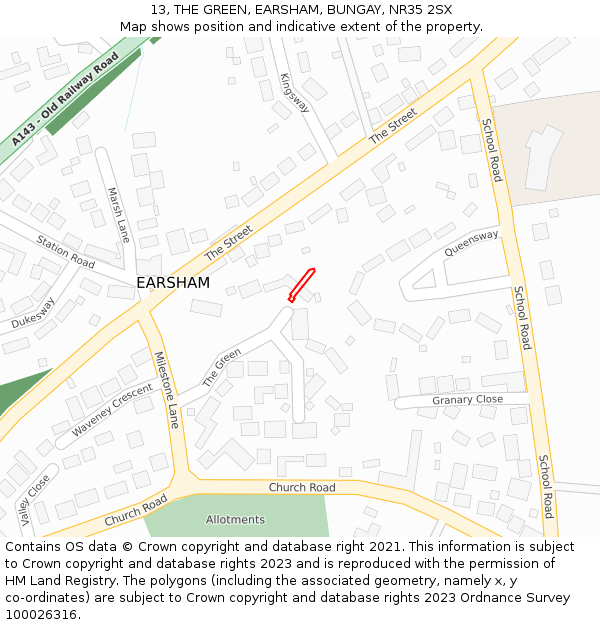 13, THE GREEN, EARSHAM, BUNGAY, NR35 2SX: Location map and indicative extent of plot