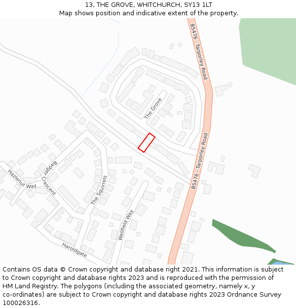 13, THE GROVE, WHITCHURCH, SY13 1LT: Location map and indicative extent of plot