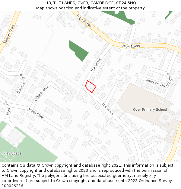 13, THE LANES, OVER, CAMBRIDGE, CB24 5NQ: Location map and indicative extent of plot