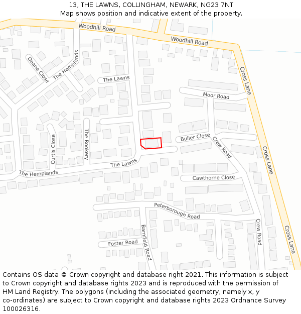 13, THE LAWNS, COLLINGHAM, NEWARK, NG23 7NT: Location map and indicative extent of plot