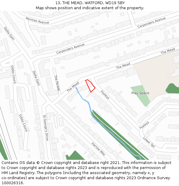 13, THE MEAD, WATFORD, WD19 5BY: Location map and indicative extent of plot