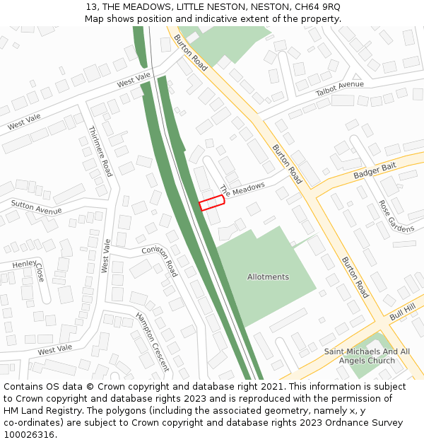 13, THE MEADOWS, LITTLE NESTON, NESTON, CH64 9RQ: Location map and indicative extent of plot