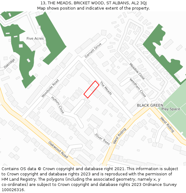 13, THE MEADS, BRICKET WOOD, ST ALBANS, AL2 3QJ: Location map and indicative extent of plot