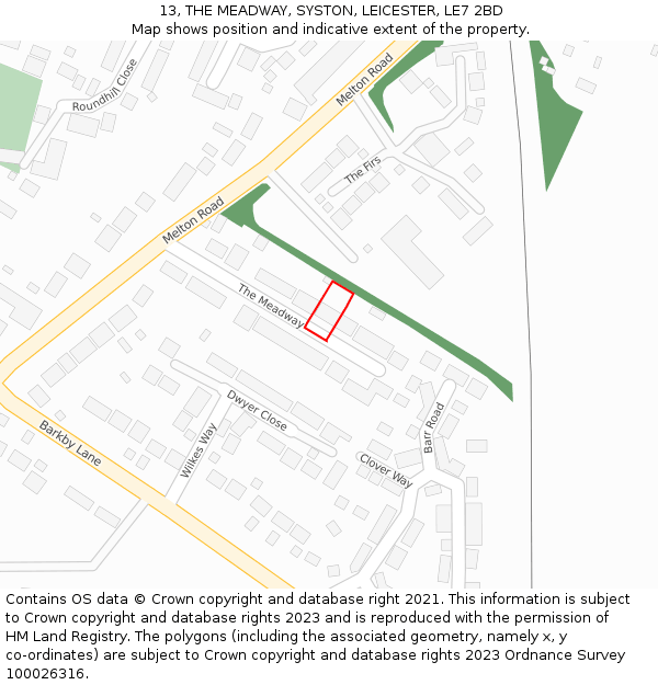 13, THE MEADWAY, SYSTON, LEICESTER, LE7 2BD: Location map and indicative extent of plot