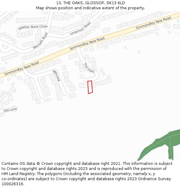 13, THE OAKS, GLOSSOP, SK13 6LD: Location map and indicative extent of plot