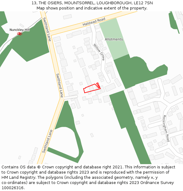 13, THE OSIERS, MOUNTSORREL, LOUGHBOROUGH, LE12 7SN: Location map and indicative extent of plot