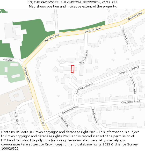 13, THE PADDOCKS, BULKINGTON, BEDWORTH, CV12 9SR: Location map and indicative extent of plot