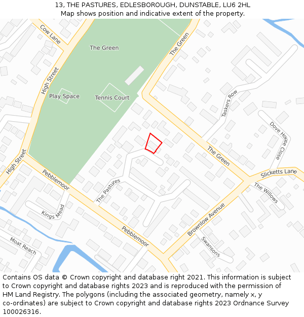 13, THE PASTURES, EDLESBOROUGH, DUNSTABLE, LU6 2HL: Location map and indicative extent of plot