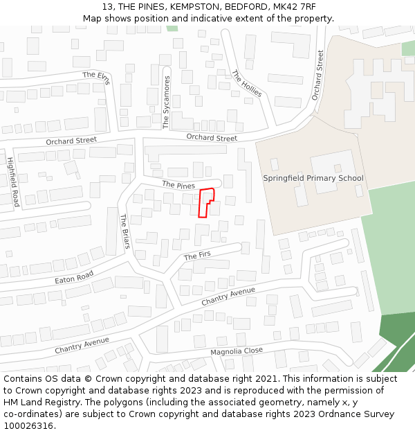 13, THE PINES, KEMPSTON, BEDFORD, MK42 7RF: Location map and indicative extent of plot