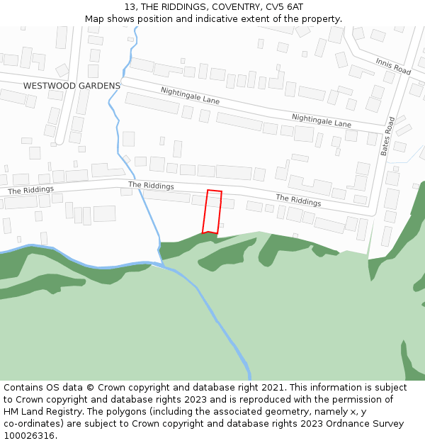 13, THE RIDDINGS, COVENTRY, CV5 6AT: Location map and indicative extent of plot