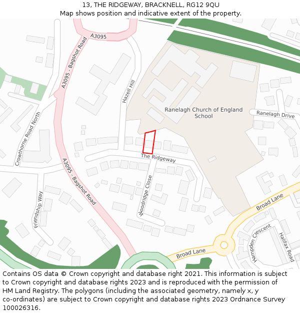 13, THE RIDGEWAY, BRACKNELL, RG12 9QU: Location map and indicative extent of plot