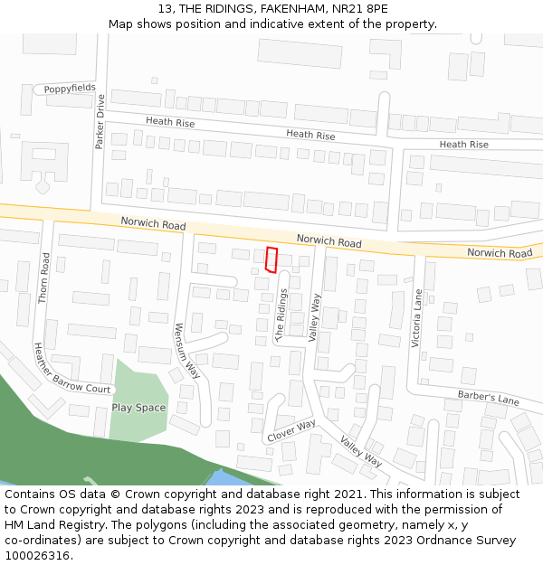 13, THE RIDINGS, FAKENHAM, NR21 8PE: Location map and indicative extent of plot