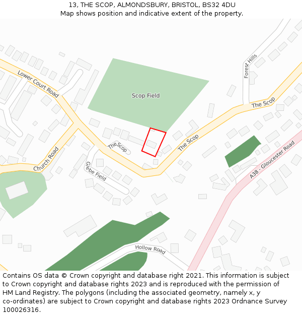 13, THE SCOP, ALMONDSBURY, BRISTOL, BS32 4DU: Location map and indicative extent of plot