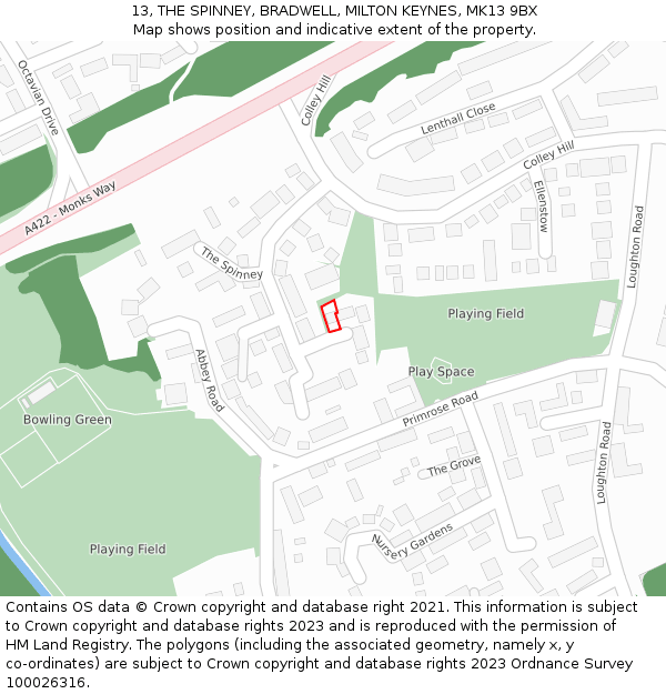 13, THE SPINNEY, BRADWELL, MILTON KEYNES, MK13 9BX: Location map and indicative extent of plot